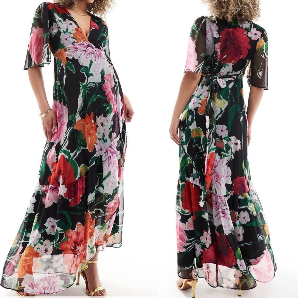 Hope & Ivy Maternity wrap maxi dress in black base floral ruffle lightweight 10